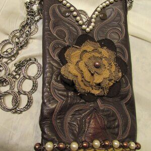 Vintage Nocona Boot Purse Brown Pearl Trimmed Leather Handmade 11"